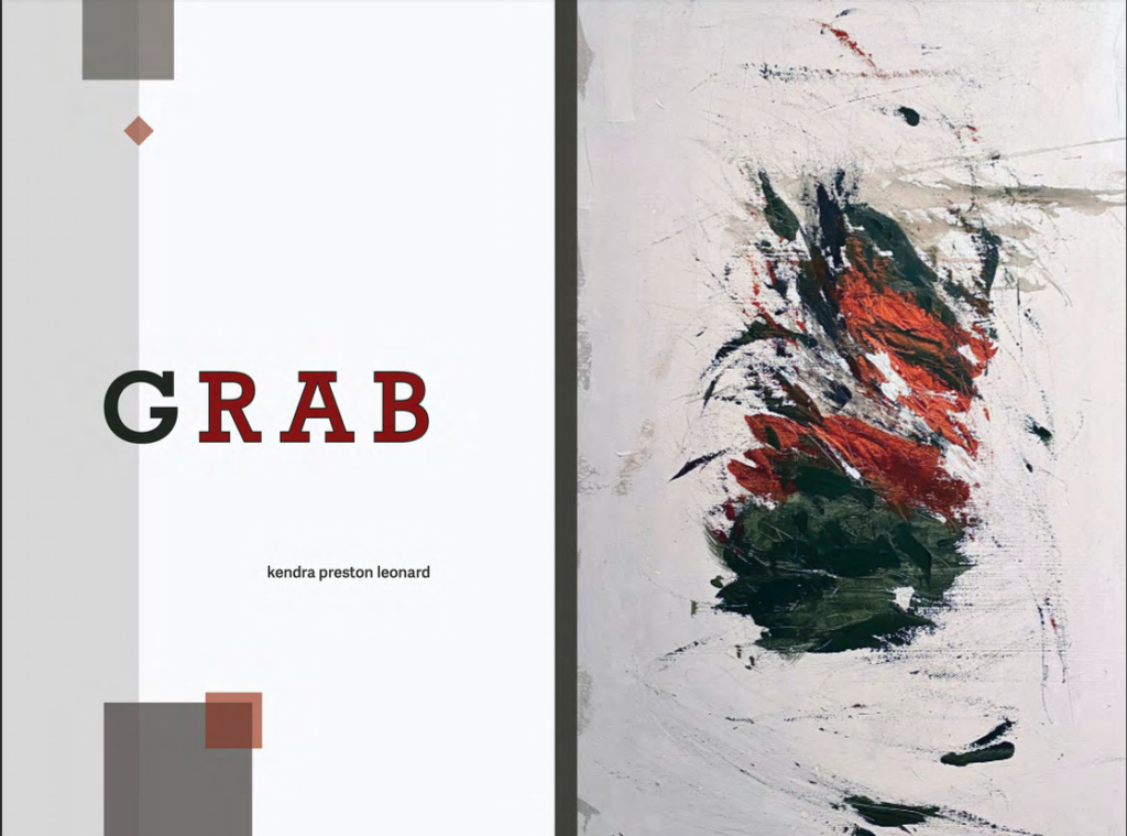 The cover of Grab, with the title and my name on the back cover, and a red and black and brown abstract image on the front cover.